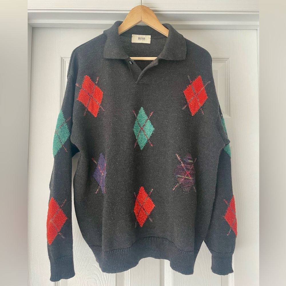 Hugo Boss Vintage Argyle Wool Blend Sweater Made in Germany